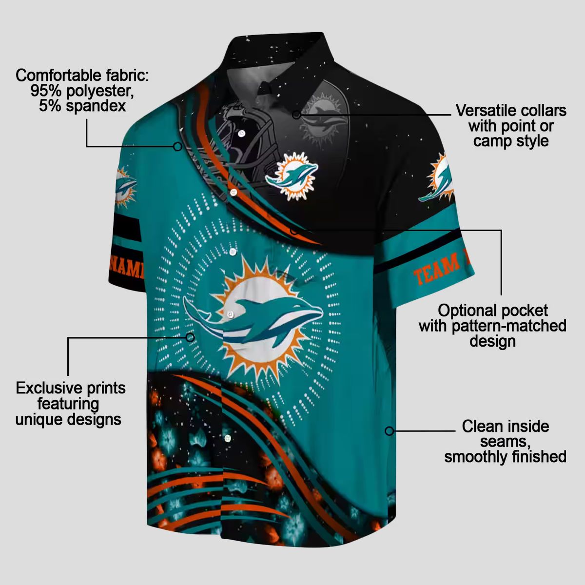 Miami Dolphins Football Hawaiian Shirt, Aqua & Black Hibiscus Aloha Print