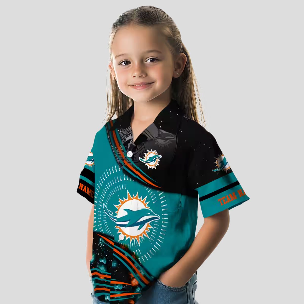 Miami Dolphins Football Hawaiian Shirt, Aqua & Black Hibiscus Aloha Print