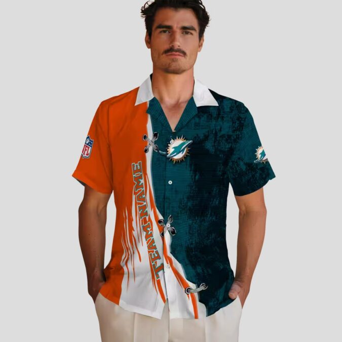 Miami Dolphins Hawaiian Button Up Shirt, Edgy Streaks Tropical Beach Shirt