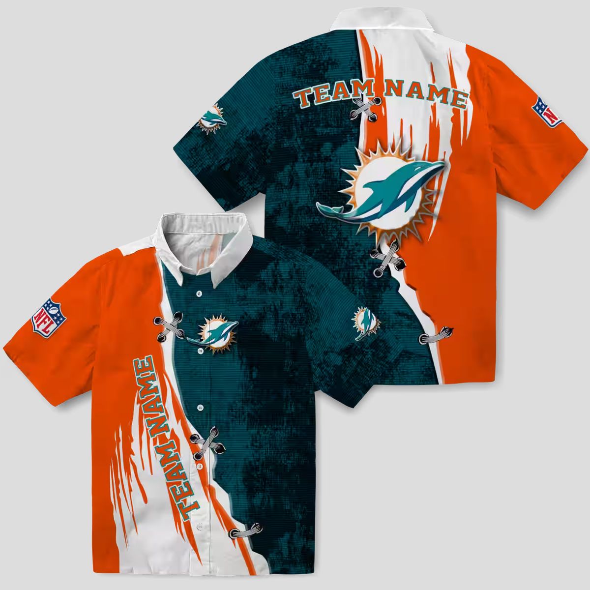 Miami Dolphins Hawaiian Button Up Shirt, Edgy Streaks Tropical Beach Shirt
