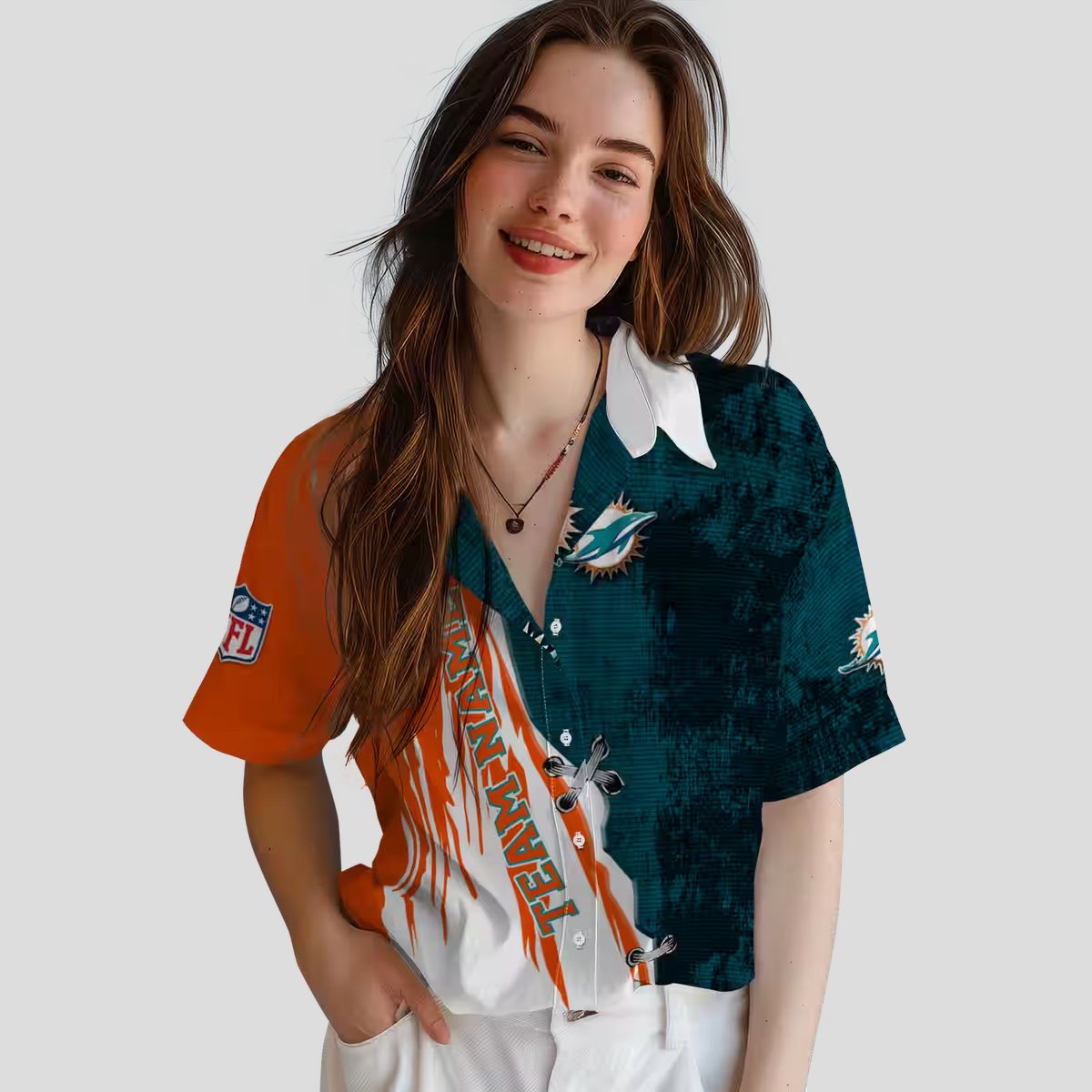 Miami Dolphins Hawaiian Button Up Shirt, Edgy Streaks Tropical Beach Shirt