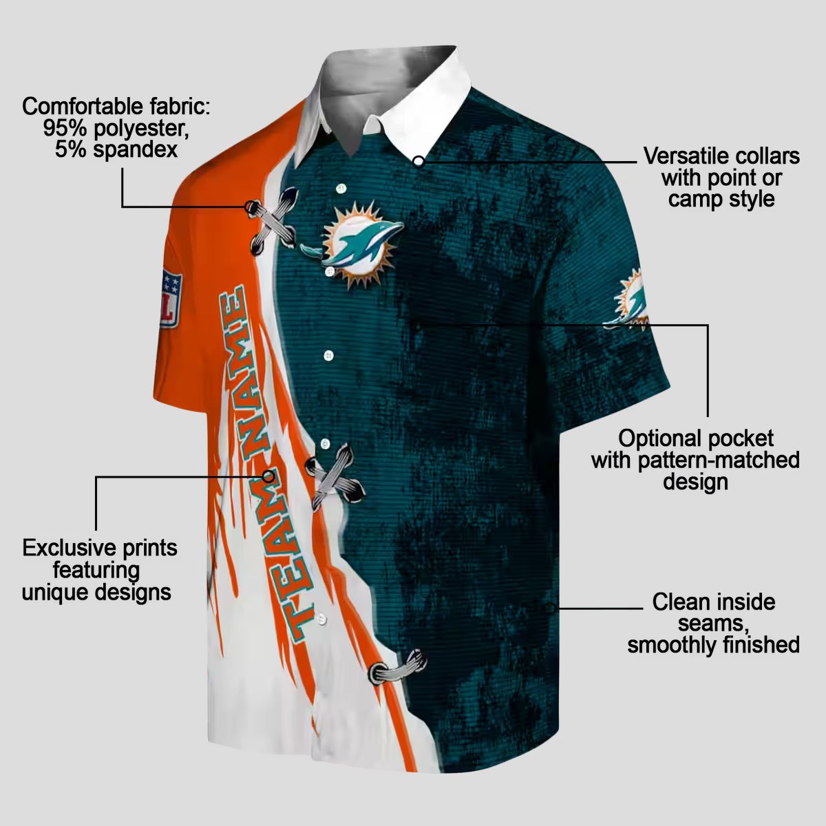 Miami Dolphins Hawaiian Button Up Shirt, Edgy Streaks Tropical Beach Shirt