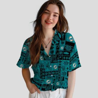 Miami Dolphins Hawaiian Shirt, Tropical Patchwork Aqua & Black NFL Fan Gear