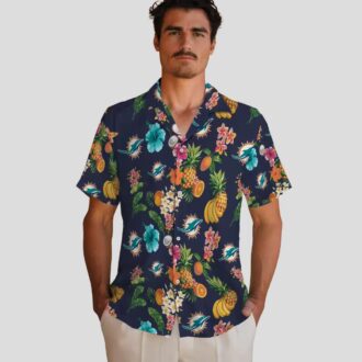 Miami Dolphins Navy Blue Hawaiian Shirt, Hibiscus & Tropical Fruit Print