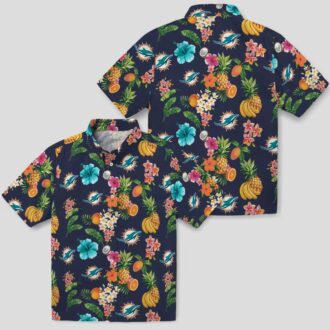 Miami Dolphins Navy Blue Hawaiian Shirt, Hibiscus & Tropical Fruit Print