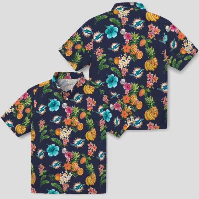 Miami Dolphins Navy Blue Hawaiian Shirt, Hibiscus & Tropical Fruit Print