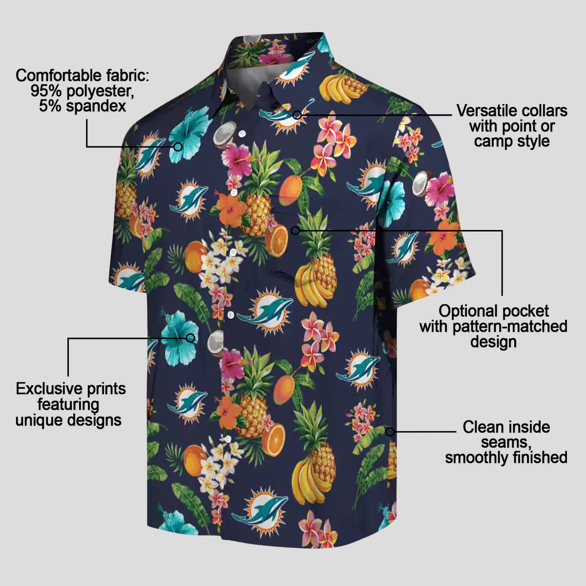 Miami Dolphins Navy Blue Hawaiian Shirt, Hibiscus & Tropical Fruit Print
