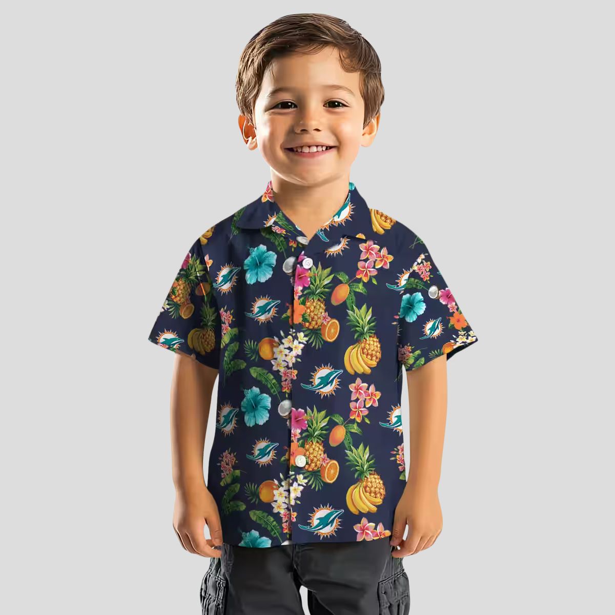 Miami Dolphins Navy Blue Hawaiian Shirt, Hibiscus & Tropical Fruit Print