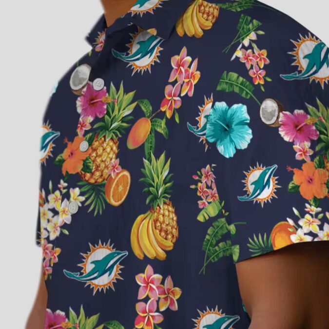 Miami Dolphins Navy Blue Hawaiian Shirt, Hibiscus & Tropical Fruit Print