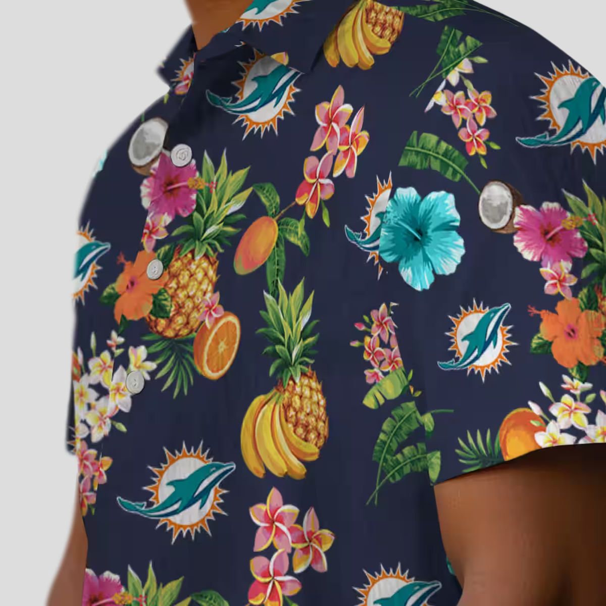 Miami Dolphins Navy Blue Hawaiian Shirt, Hibiscus & Tropical Fruit Print