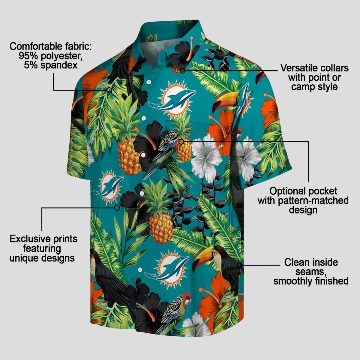 Miami Dolphins NFL Hawaiian Shirt, Toucan Hibiscus Pineapple Tropical Style