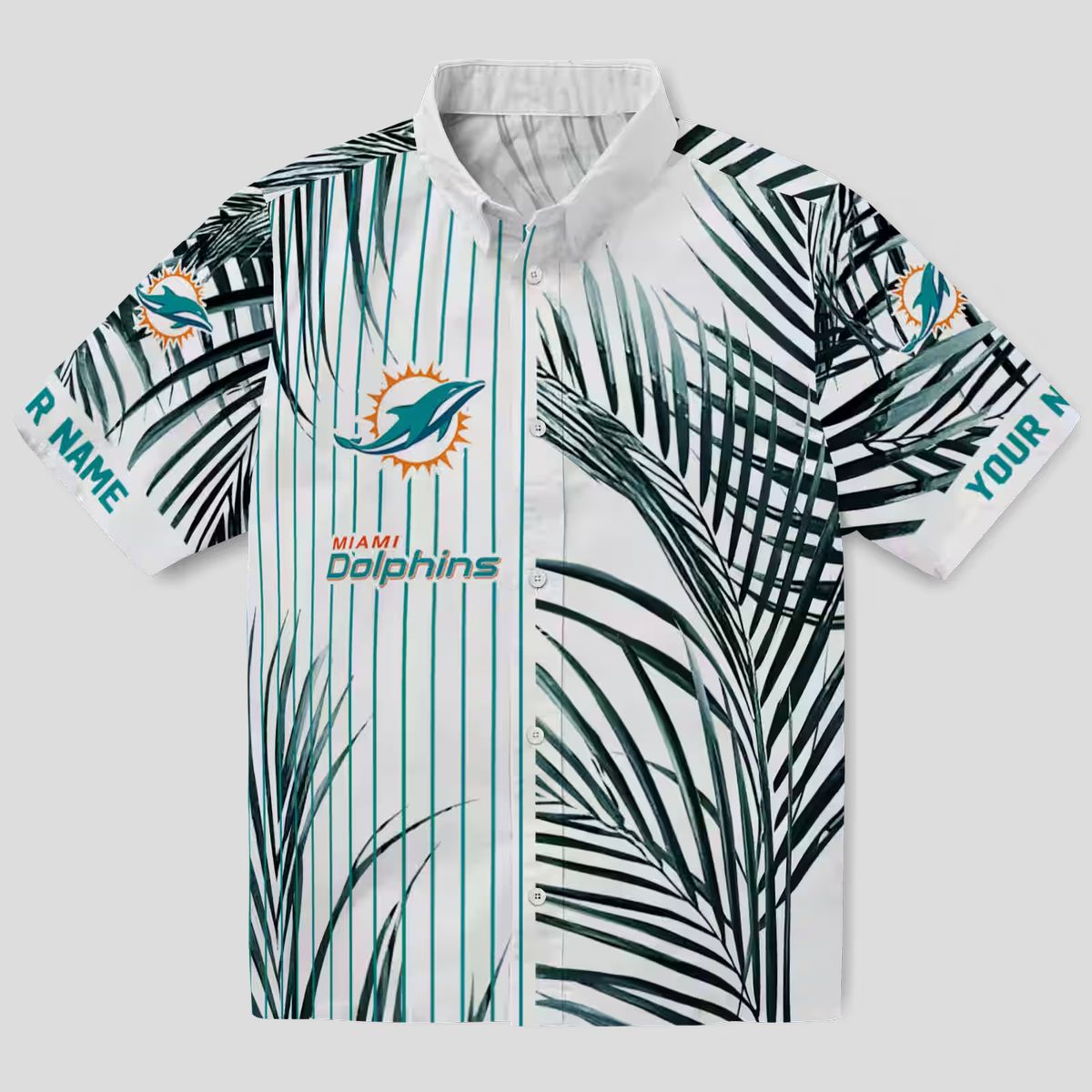 Miami Dolphins Palm Stripes Hawaiian Shirt – Aqua & Black Palm Print