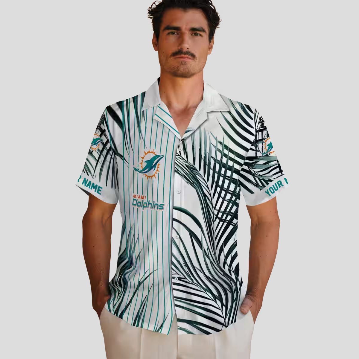 Miami Dolphins Palm Stripes Hawaiian Shirt – Aqua & Black Palm Print