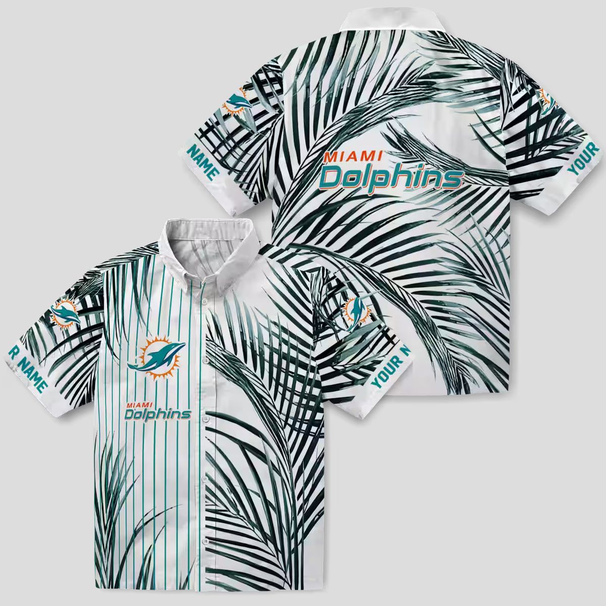 Miami Dolphins Palm Stripes Hawaiian Shirt – Aqua & Black Palm Print
