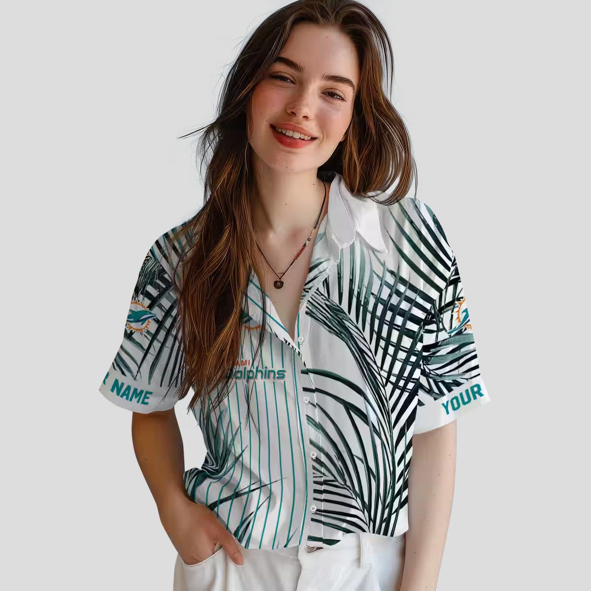 Miami Dolphins Palm Stripes Hawaiian Shirt – Aqua & Black Palm Print