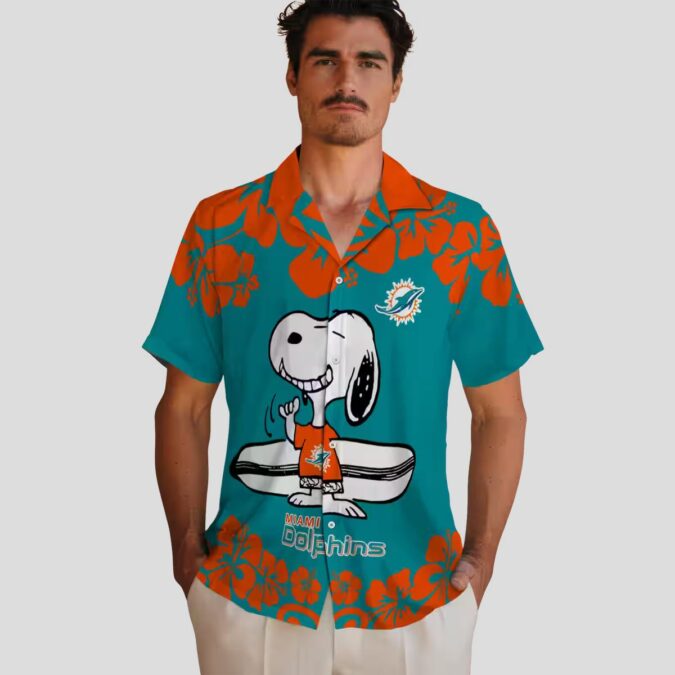 Miami Dolphins Snoopy Surf Button Up Shirt, Tropical Aqua Hawaiian Outfit