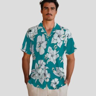Miami Dolphins Summer Hawaiian Shirt for Parties, Aqua Hibiscus Blooms Style