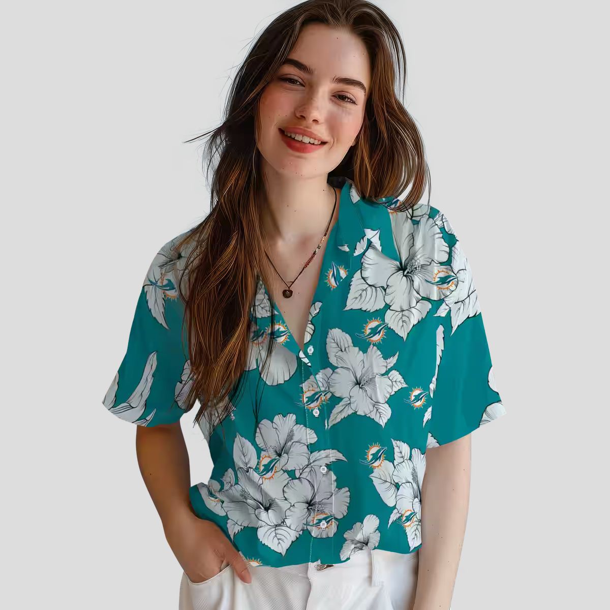 Miami Dolphins Summer Hawaiian Shirt for Parties, Aqua Hibiscus Blooms Style