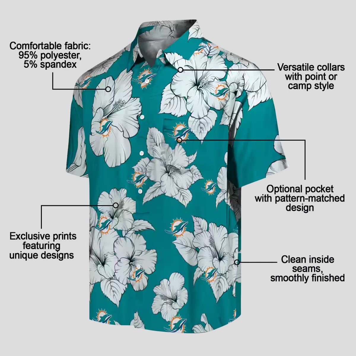 Miami Dolphins Summer Hawaiian Shirt for Parties, Aqua Hibiscus Blooms Style