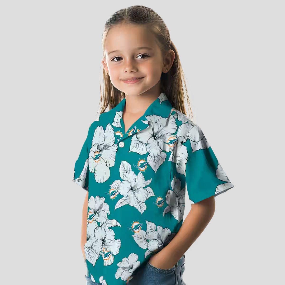 Miami Dolphins Summer Hawaiian Shirt for Parties, Aqua Hibiscus Blooms Style