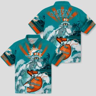 Miami Dolphins Surfing Skeleton Hawaiian Shirt – Aqua Blue NFL Aloha Style