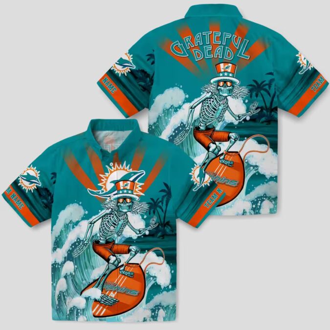 Miami Dolphins Surfing Skeleton Hawaiian Shirt – Aqua Blue NFL Aloha Style
