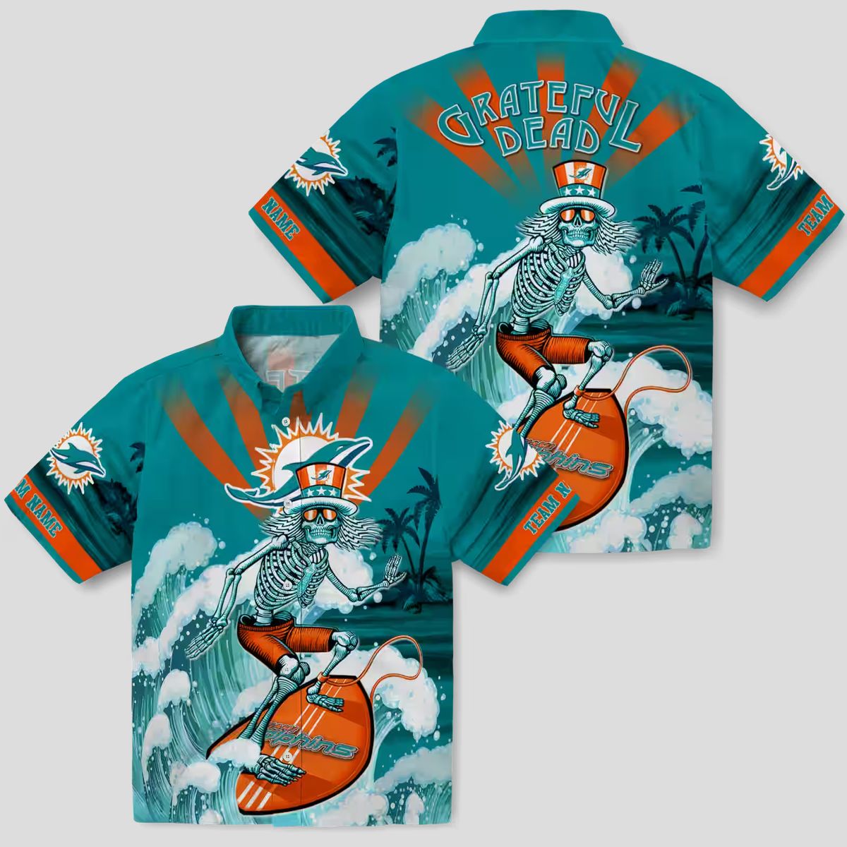 Miami Dolphins Surfing Skeleton Hawaiian Shirt – Aqua Blue NFL Aloha Style