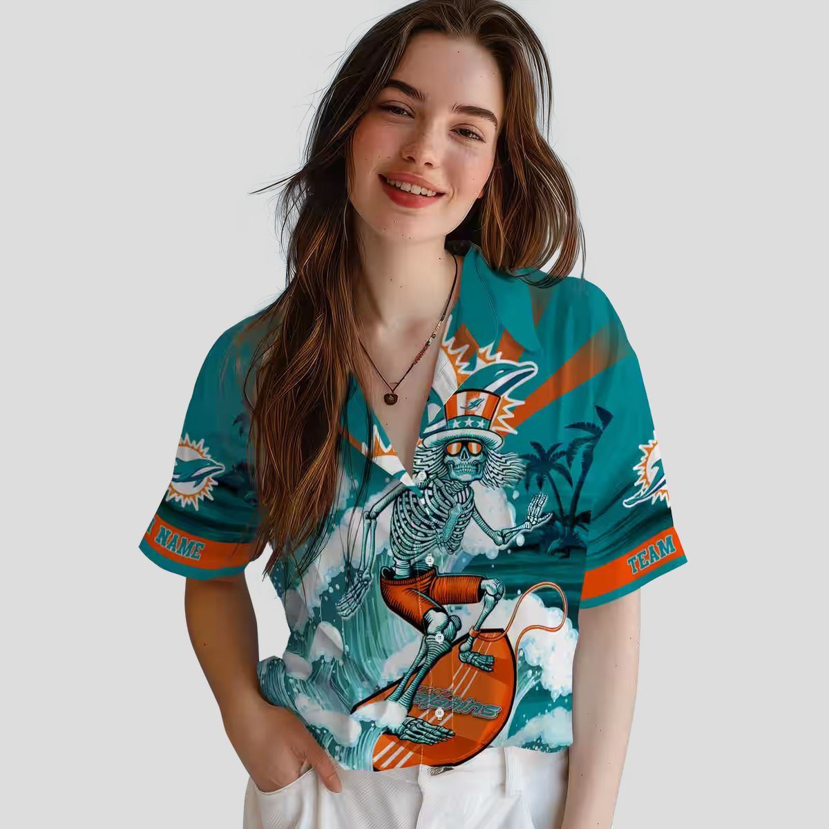 Miami Dolphins Surfing Skeleton Hawaiian Shirt – Aqua Blue NFL Aloha Style