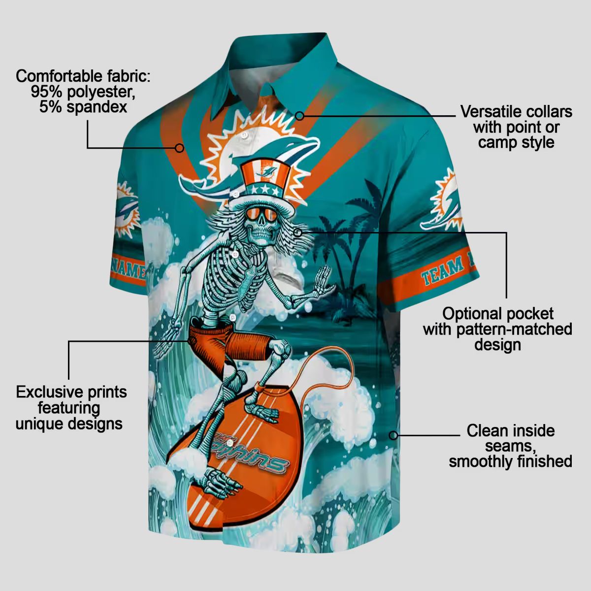 Miami Dolphins Surfing Skeleton Hawaiian Shirt – Aqua Blue NFL Aloha Style