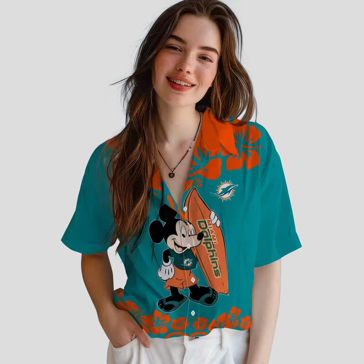 Miami Dolphins Tropical Hawaiian Shirt – Aqua Surfing Mickey Edition