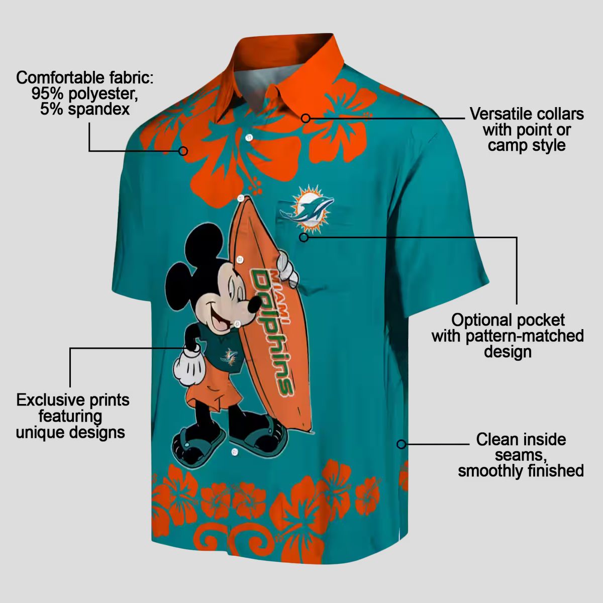 Miami Dolphins Tropical Hawaiian Shirt – Aqua Surfing Mickey Edition