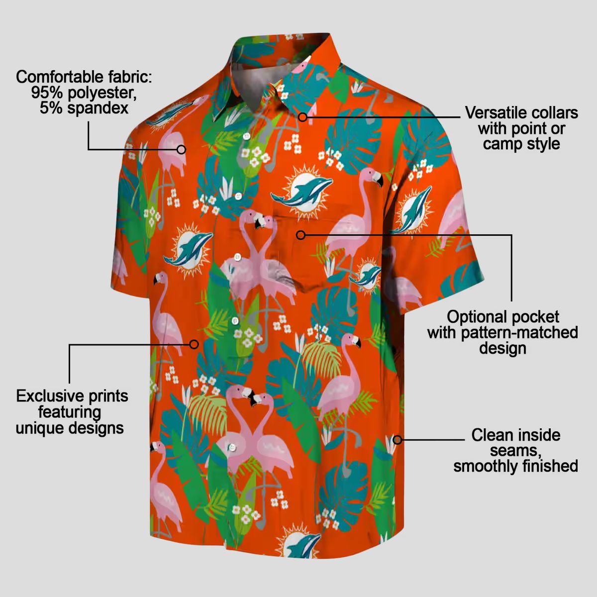 Miami Dolphins Tropical Vacation Aloha Shirt, Flamingo Palm Print Hawaiian Style