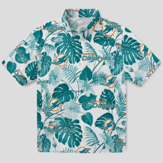 NFL Football Miami Dolphins Aloha Shirt, Tropical Plants Aqua White Print