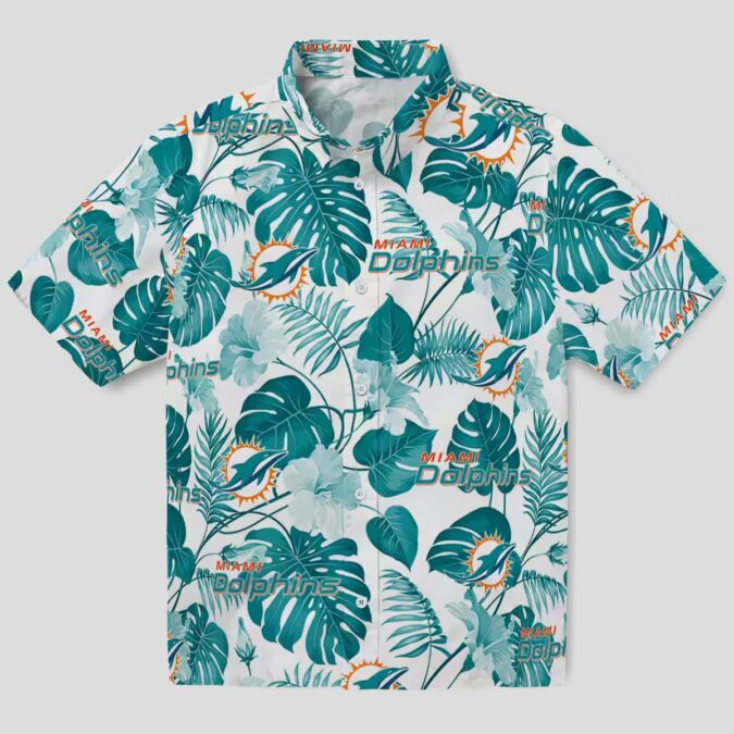 NFL Football Miami Dolphins Aloha Shirt, Tropical Plants Aqua White Print