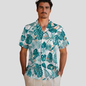 NFL Football Miami Dolphins Aloha Shirt, Tropical Plants Aqua White Print