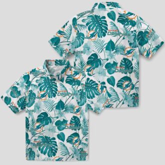 NFL Football Miami Dolphins Aloha Shirt, Tropical Plants Aqua White Print