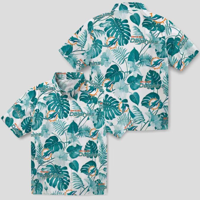 NFL Football Miami Dolphins Aloha Shirt, Tropical Plants Aqua White Print