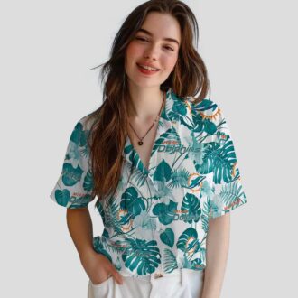 NFL Football Miami Dolphins Aloha Shirt, Tropical Plants Aqua White Print