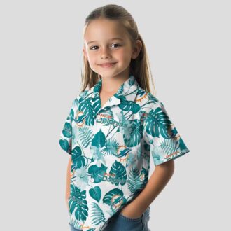NFL Football Miami Dolphins Aloha Shirt, Tropical Plants Aqua White Print