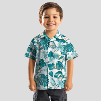 NFL Football Miami Dolphins Aloha Shirt, Tropical Plants Aqua White Print