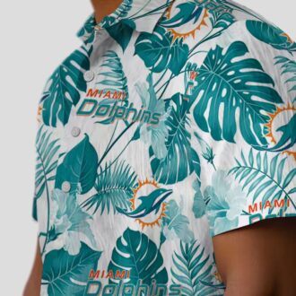 NFL Football Miami Dolphins Aloha Shirt, Tropical Plants Aqua White Print