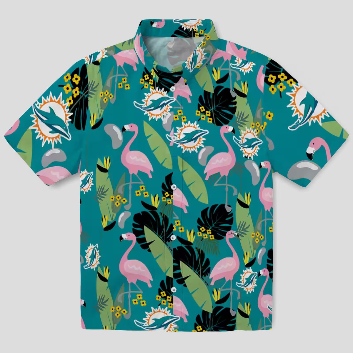NFL Miami Dolphins Game Day Hawaiian Shirt – Aqua Flamingo & Palm Leaf Print