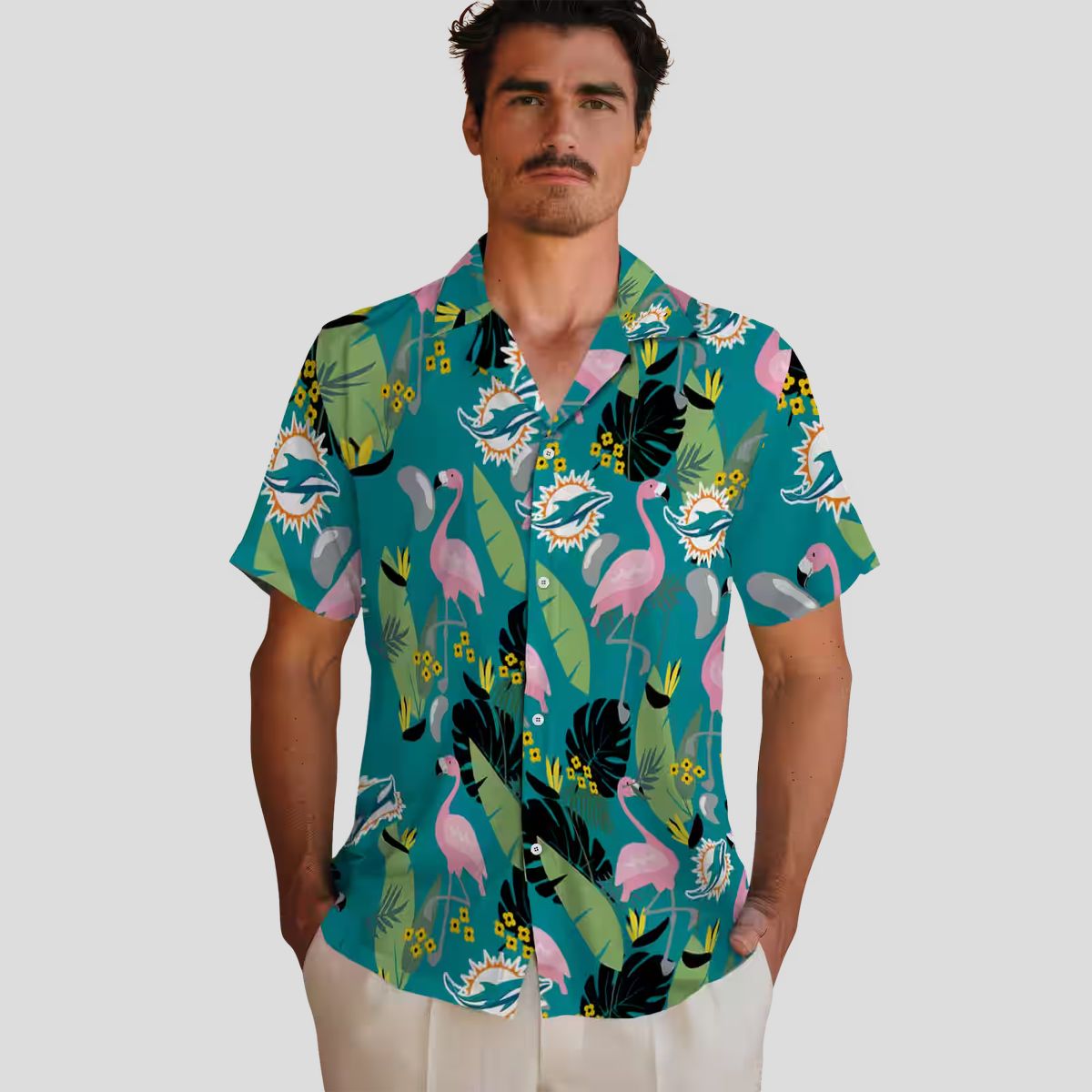 NFL Miami Dolphins Game Day Hawaiian Shirt – Aqua Flamingo & Palm Leaf Print