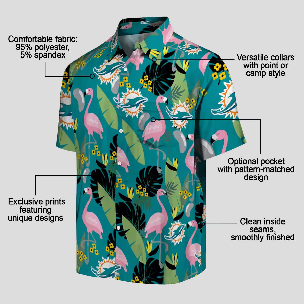 NFL Miami Dolphins Game Day Hawaiian Shirt – Aqua Flamingo & Palm Leaf Print