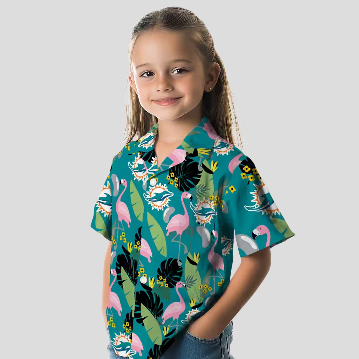NFL Miami Dolphins Game Day Hawaiian Shirt – Aqua Flamingo & Palm Leaf Print