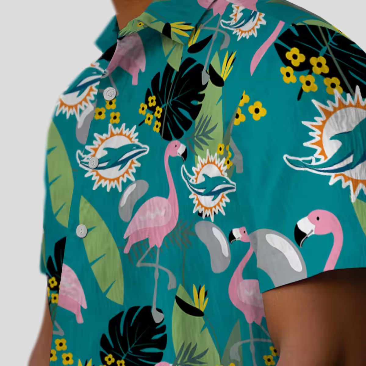 NFL Miami Dolphins Game Day Hawaiian Shirt – Aqua Flamingo & Palm Leaf Print