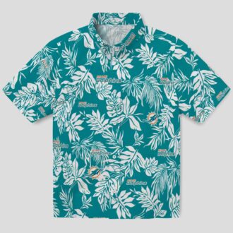 NFL Miami Dolphins Hawaiian Shirt, Aqua White Leaf Print for Beach & Game Day