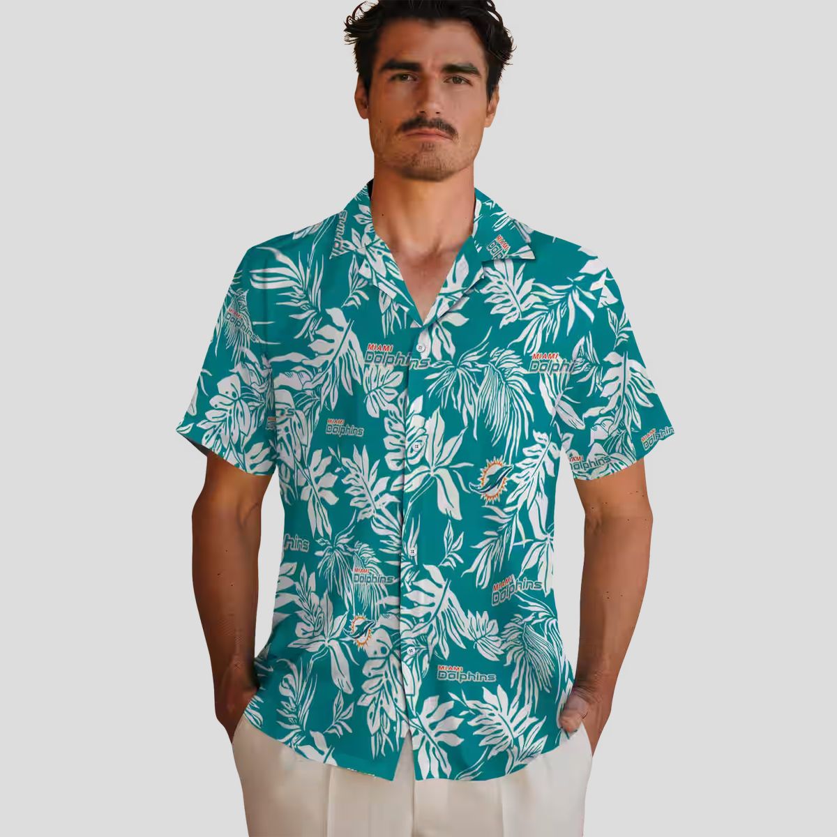 NFL Miami Dolphins Hawaiian Shirt, Aqua White Leaf Print for Beach & Game Day