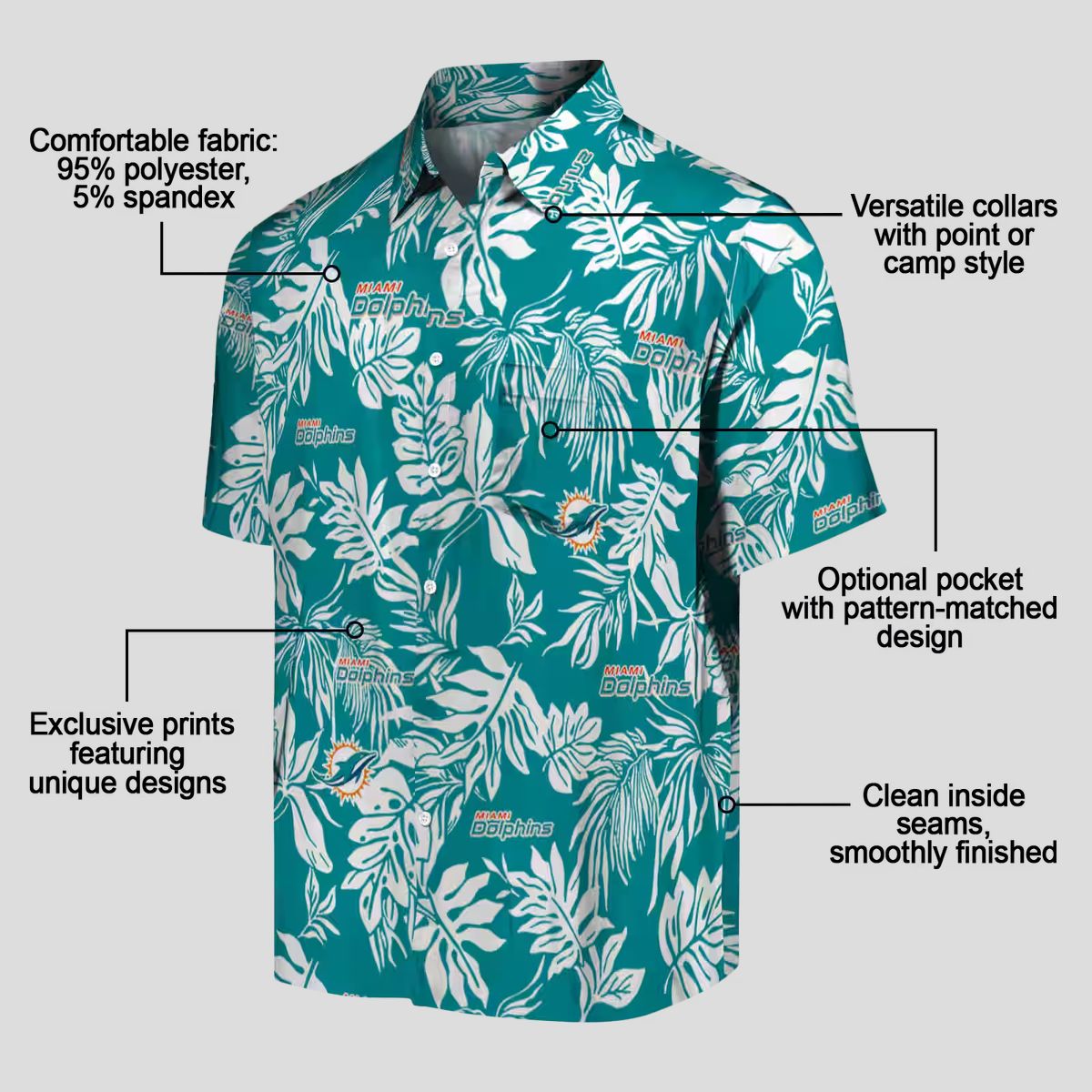 NFL Miami Dolphins Hawaiian Shirt, Aqua White Leaf Print for Beach & Game Day