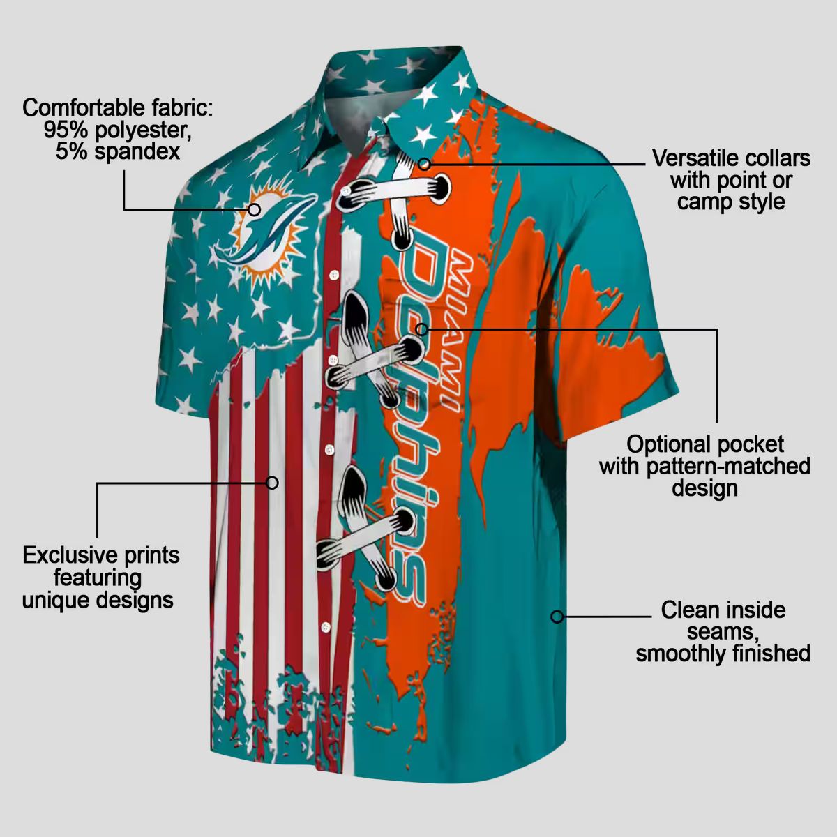 NFL Miami Dolphins Stitched Flag Hawaiian Shirt, Aqua Beachwear for Fans